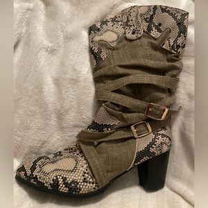 Olive Snake-Print Mid-Calf Heeled Boot with Buckle Straps